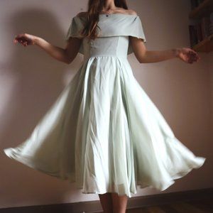ASOS off shoulder sage green tulle midi dress size six